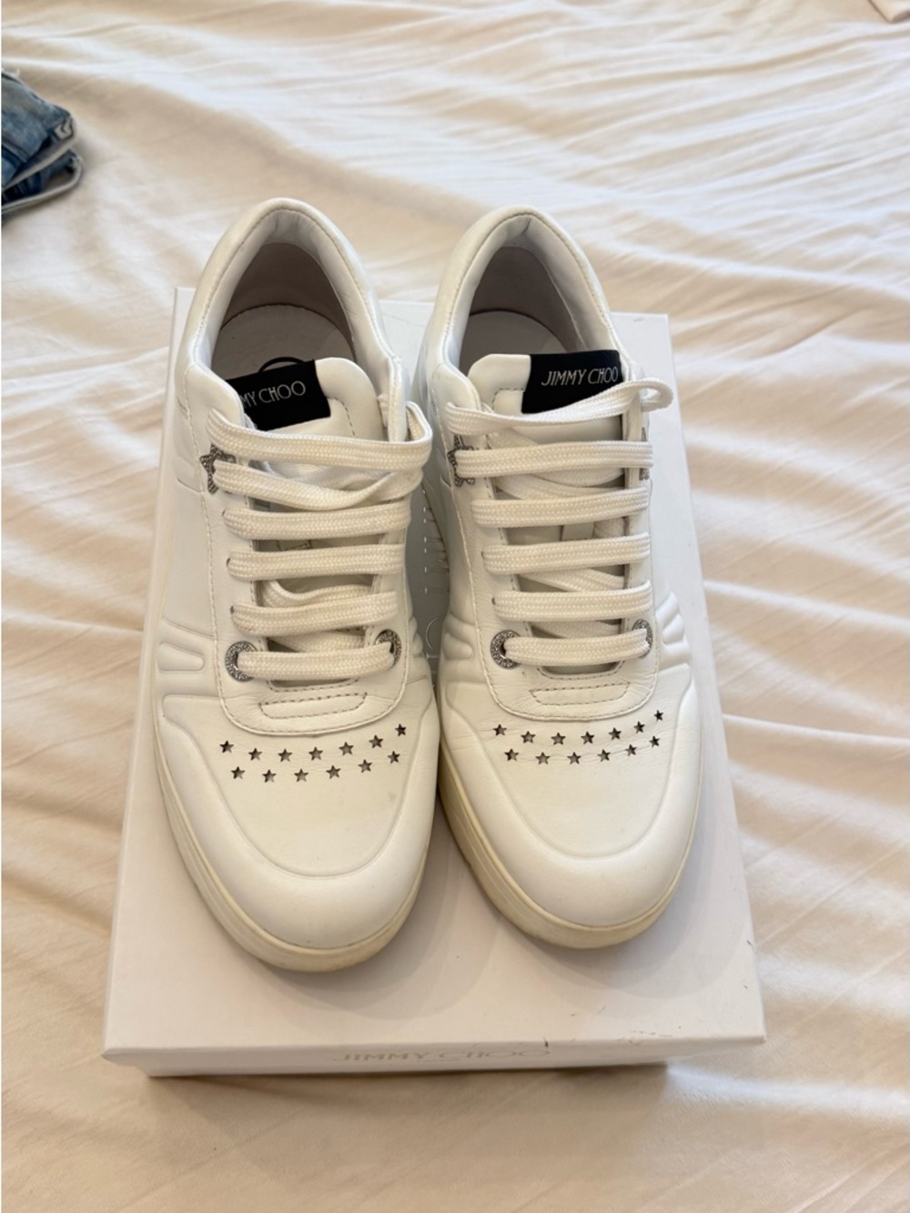 Jimmy Choo White Leather Star-Studded Low-Top Sneakers